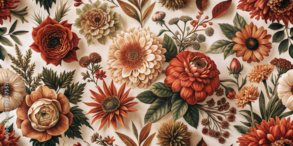 A detailed line-art illustration of various botanical flowers in earthy tones, perfect for wallpaper, textiles, or nature-inspired design projects A detailed line-art illustration of various botanical flowers in earthy tones, perfect for wallpaper, textiles, or nature-inspired design projects