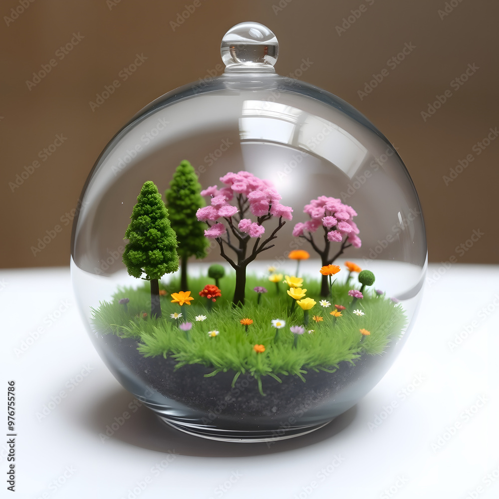 A glass globe filled with miniature trees, flowers and a tiny field of meticulously crafted grass A glass globe filled with miniature trees, flowers and a tiny field of meticulously crafted grass