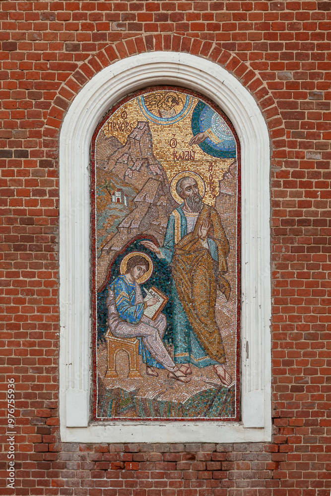 Mosaic icon on the facade of the Church of St. John the Theologian in Dankov, Russia Mosaic icon on the facade of the Church of St. John the Theologian in Dankov, Russia