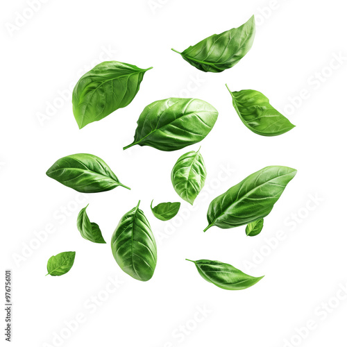 Fresh green basil leaves scattered on a black background