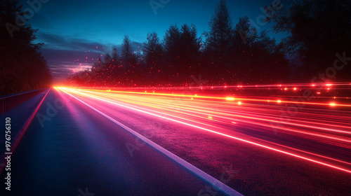 Long exposure of vibrant car lights on a dark road, creating a dynamic sense of speed and motion at night.