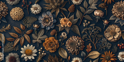 A detailed line-art illustration of various botanical flowers in earthy tones, perfect for wallpaper, textiles, or nature-inspired design projects photo