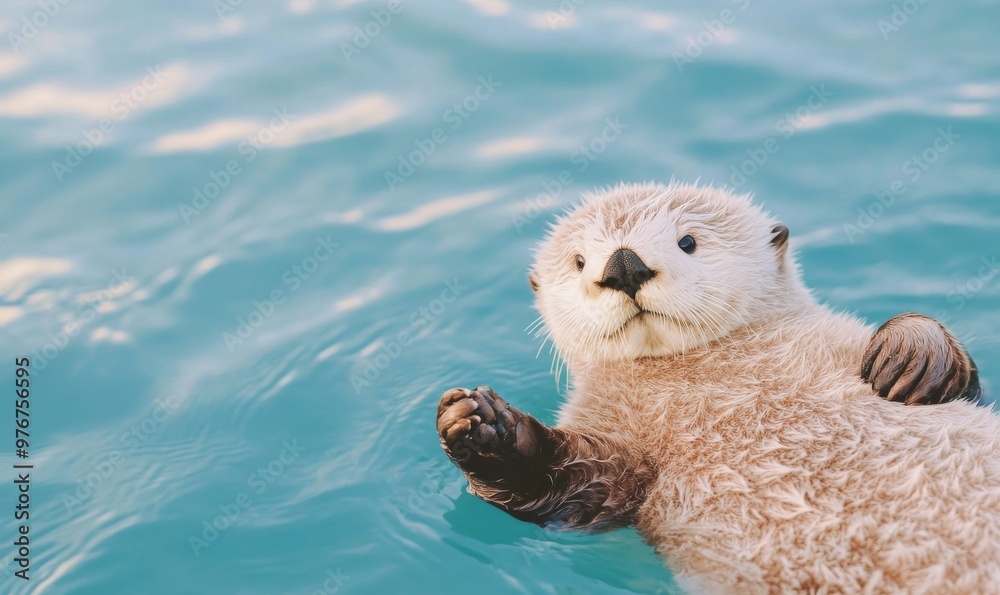 Fototapeta premium Playful Otter Floating on Its Back in Clear Blue Water on a Sunny Day