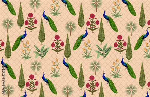 3d illustration of trees , flowers and peacock seamless pattern beige background , indian ethnic wallpaper for interior decor.   photo