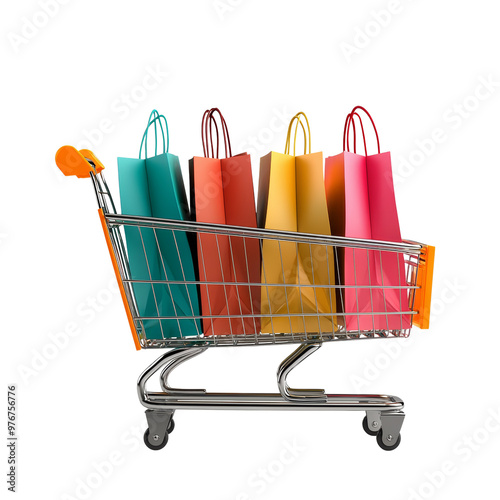 Shopping cart filled with colorful paper bags for retail therapy