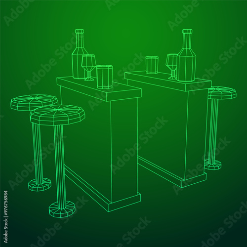 Bar counter with stools, bar top with bottles and glasses. Wireframe low poly mesh vector illustration.