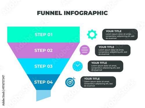 Colorful Funnel Process Infographic Representing Customer Journey from Awareness to Conversion with Iconic Stages photo