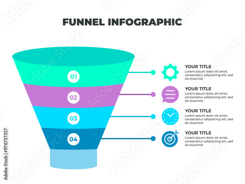 Colorful Funnel Process Infographic Representing Customer Journey from Awareness to Conversion with Iconic Stages