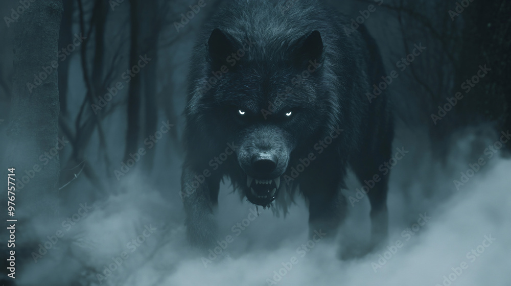 A werewolf with fierce eyes and dark fur, emerging from the fog of a haunted forest. A werewolf with fierce eyes and dark fur, emerging from the fog of a haunted forest.