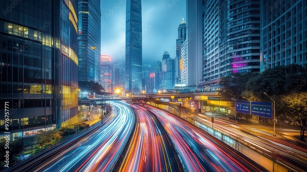 Fototapeta premium A vibrant cityscape at dusk, showcasing dynamic light trails and towering skyscrapers against a moody urban backdrop.