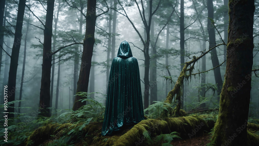 Shimmering enchanted cloak draped over a tree branch in a misty forest Shimmering enchanted cloak draped over a tree branch in a misty forest