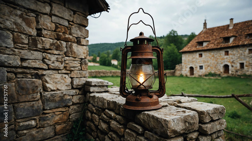 Rusty iron lantern hanging from a stone wall in a medieval village