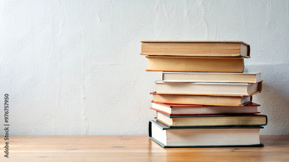 Stack of books or textbooks on wooden table against wall, copy space Stack of books or textbooks on wooden table against wall, copy space