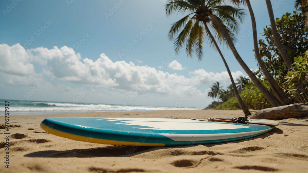 Surfboard lying on the sand near a palm tree at a beach Surfboard lying on the sand near a palm tree at a beach