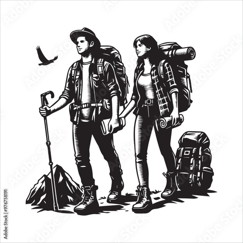 Young tourist couple travellers hiking vector illustration silhouette