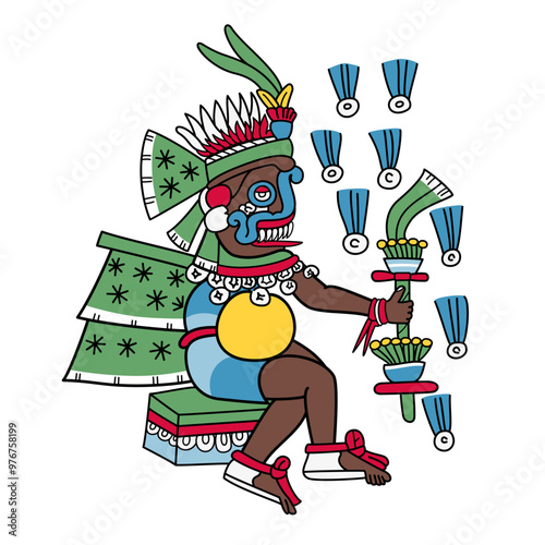 Tlaloc, Aztec god of lightning, rain and earthquakes, also a deity of earthly fertility and water, worshipped as a giver of life and sustenance, as he was depicted in the Codex Magliabechiano. Vector.