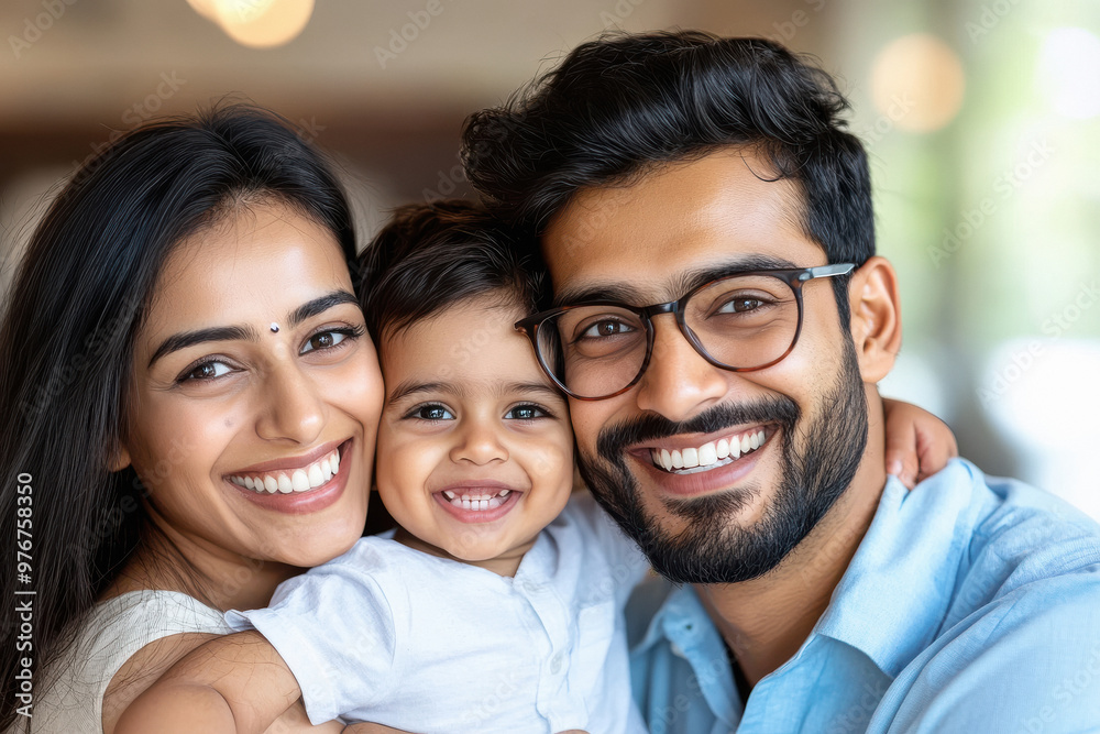 Happy young Indian couple with his child standing in front of new home