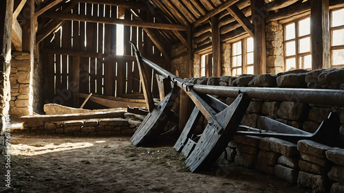 Weathered wooden plow leaning against a stone wall in a medieval barn