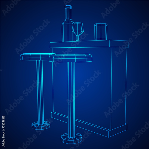 Bar counter with stools, bar top with bottles and glasses. Wireframe low poly mesh vector illustration.