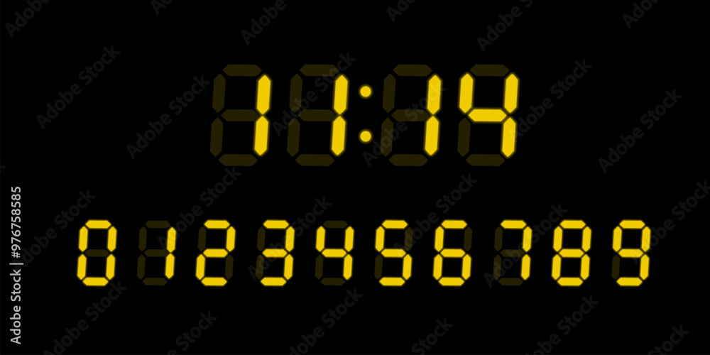 Yellow digital glowing numbers set for electronic devices LED screen isolated on black background. Vector Clock display, digital timer concept, glowing electronic figures, calculator numbers Yellow digital glowing numbers set for electronic devices LED screen isolated on black background. Vector Clock display, digital timer concept, glowing electronic figures, calculator numbers