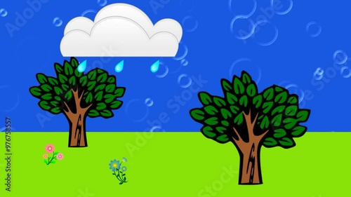 rainy weather with rain cloud turns to sunshine again, illustration with trees, 
flowers,sun and rainy cloud and sounds of rain and birds with cuckoo photo