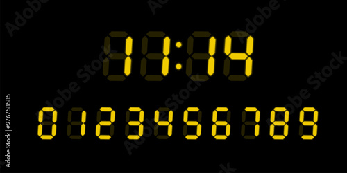Yellow digital glowing numbers set for electronic devices LED screen isolated on black background. Vector Clock display, digital timer concept, glowing electronic figures, calculator numbers