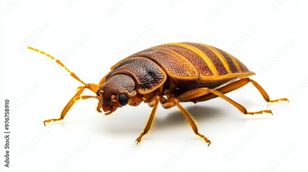 Close-up of a brown striped insect showcasing its detailed anatomy and vibrant colors against a white background. Close-up of a brown striped insect showcasing its detailed anatomy and vibrant colors against a white background.