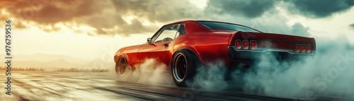 A thrilling shot of a red muscle car drifting on an outdoor track, surrounded by smoke and an intense sunset backdrop.