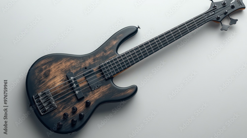 A sleek electric bass guitar with a unique wood finish. A sleek electric bass guitar with a unique wood finish.