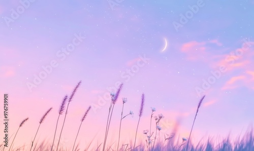 Serene Twilight Landscape With Delicate Grass and Crescent Moon Glowing in the Sky