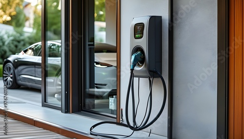 Modern home electric vehicle charging station with dedicated power unit for convenient domestic charging of EVs photo