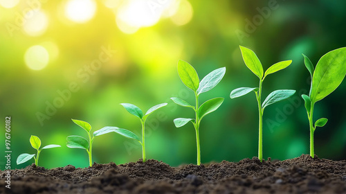 Plant growth stages emerging from the soil with a blurred green background, capturing the essence of nature, progress, and life’s development. photo