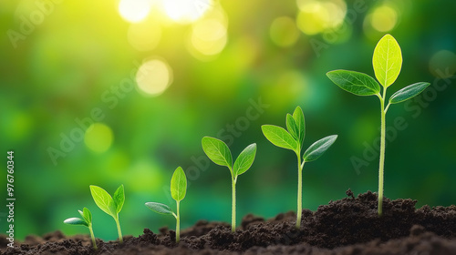 Young plant seedlings at various growth stages in rich soil, set against a blurred green background, symbolizing natural growth and development. photo