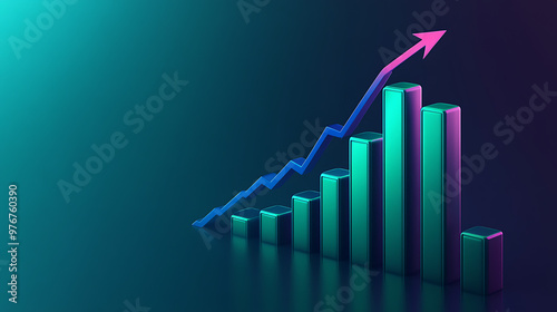 3D bar chart with ascending arrow symbolizing business growth and success