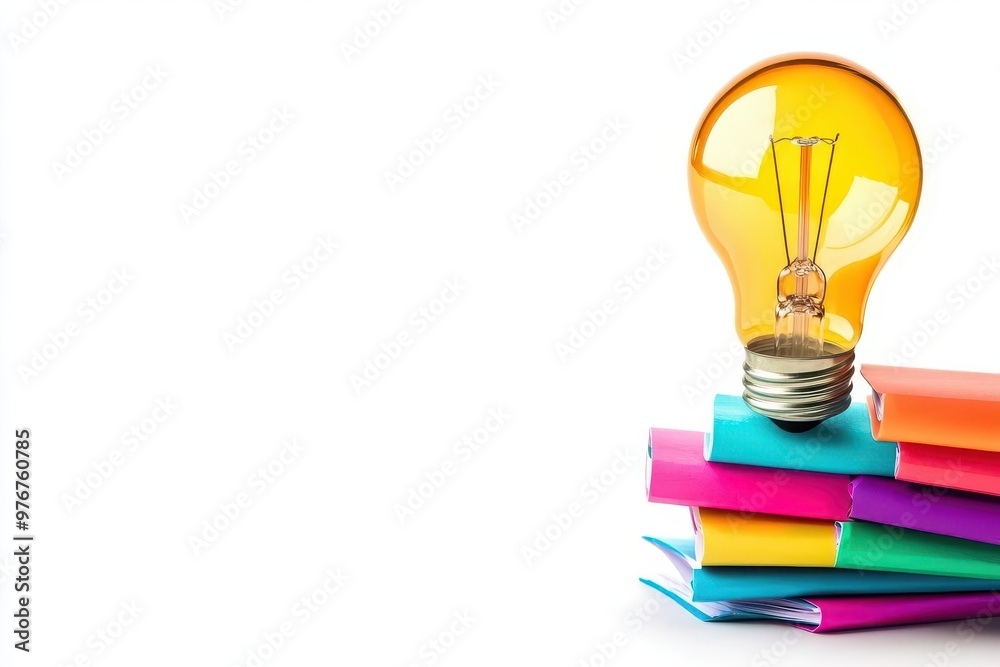 A vibrant light bulb above colorful books, symbolizing creativity, innovation, and inspiration in learning and education with isolated on white background A vibrant light bulb above colorful books, symbolizing creativity, innovation, and inspiration in learning and education with isolated on white background
