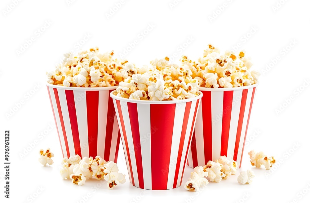 Popcorn box. Red and white striped buckets of salted popcorn isolated on white background. Cinema and entertainment concept. Movie night with popcorn. Generative Ai Popcorn box. Red and white striped buckets of salted popcorn isolated on white background. Cinema and entertainment concept. Movie night with popcorn. Generative Ai