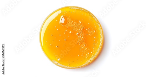 Puddle of orange juice isolated on white background, top view. Generative Ai