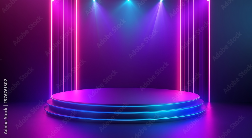 Realistic podium with glowing neon lamps and light lines in futuristic gaming design. Display scene game for presentation gamer. Empty show room with 3d stage background. Generative Ai Realistic podium with glowing neon lamps and light lines in futuristic gaming design. Display scene game for presentation gamer. Empty show room with 3d stage background. Generative Ai