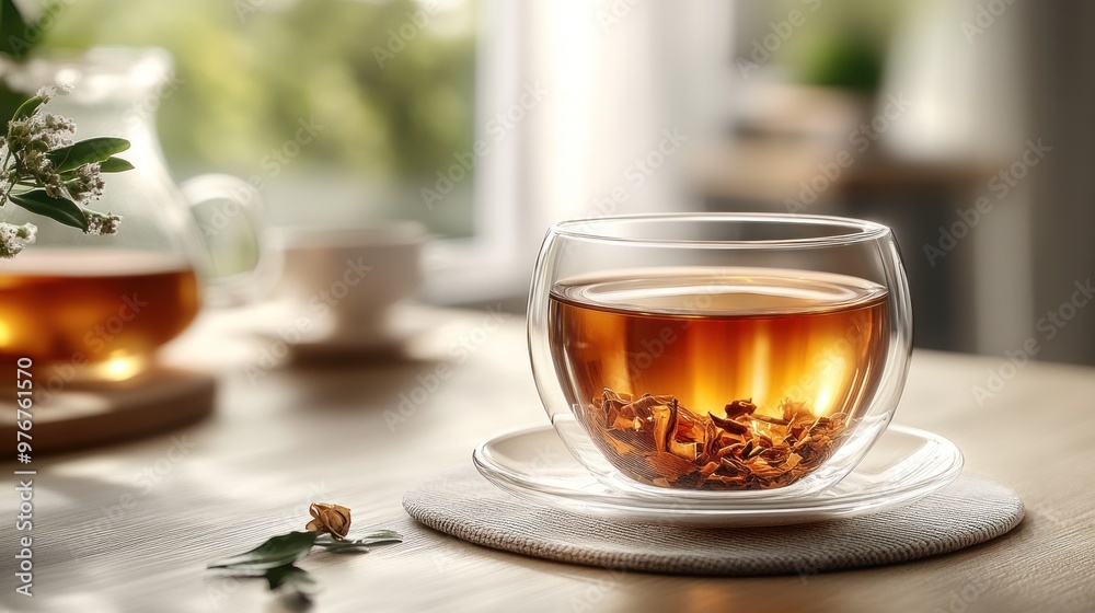 A warm cup of tea displayed on a wooden table. A warm cup of tea displayed on a wooden table.