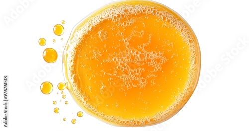 Puddle of orange juice isolated on white background, top view. Generative Ai