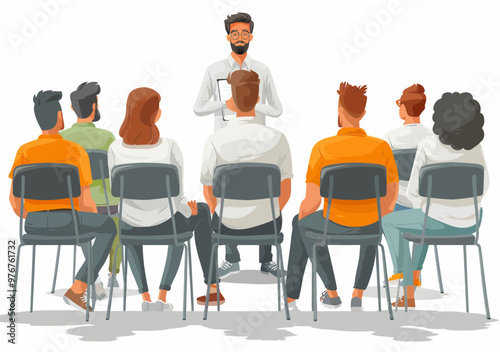 Business Team Presentation with Male Leader Educating Diverse Staff in Minimalistic Vector Style