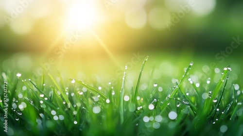 Morning Sunlight Glimmers on Dew-Kissed Grass in a Serene Outdoor Setting