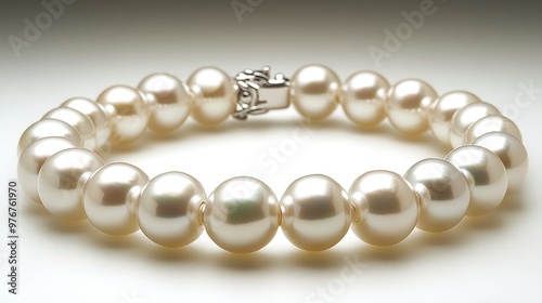 Elegant pearl bracelet with a silver clasp on a neutral background.