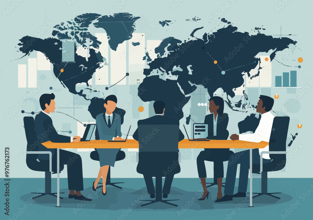 Global Trade and Investment Strategy Meeting in Front of World Map with Business Team Discussing Market Trends and Data Visualization