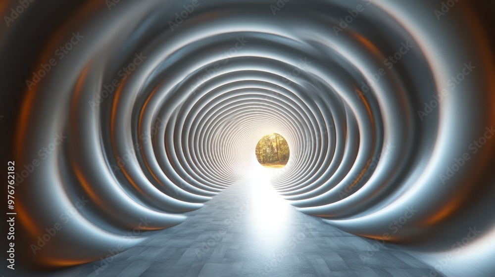 A surreal tunnel leading to a bright, natural landscape. A surreal tunnel leading to a bright, natural landscape.