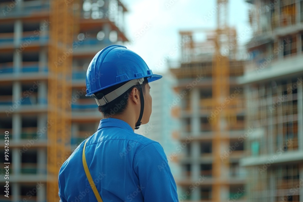 Construction Worker Looking at Building Construction Worker Looking at Building