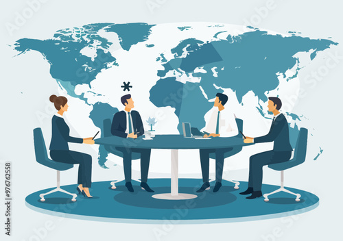 Global Trade Discussion: Business Team Meeting Around World Map Table, Minimalistic Illustration for Networking and Investment Strategy
