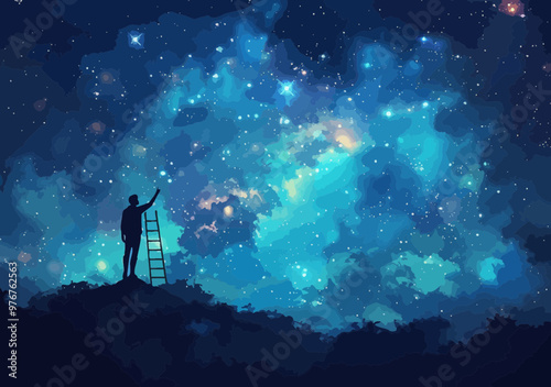 Businessman Climbing Ladder Reaching Stars Concept of Ambition Success and Dream Pursuit Under Starry Night Sky Illustrative Minimalistic Design