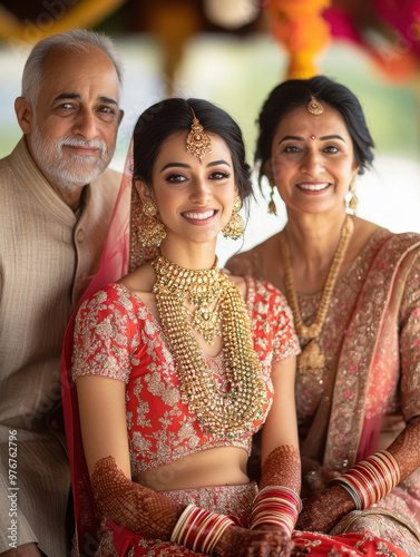 indian bride standing with her parents on wedding day photo