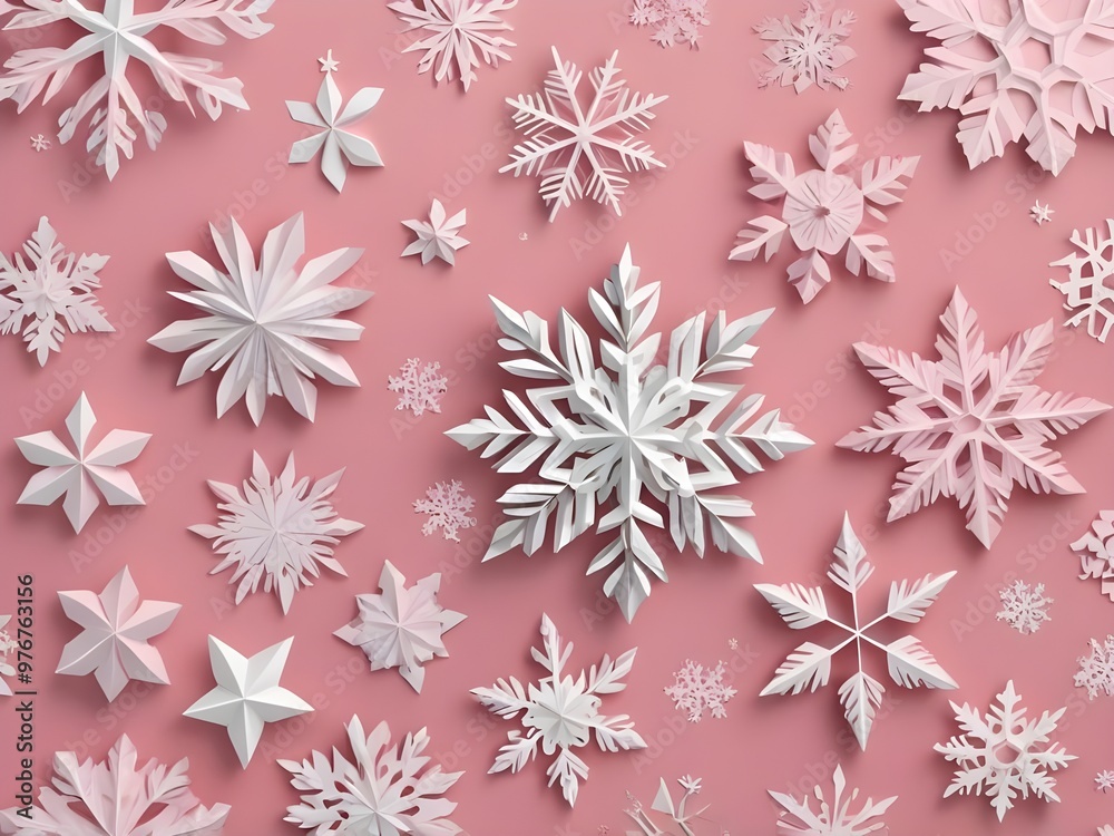 abstract pastel Traditional paper 3D snowflakes on pastel pink background Festive elements for decorating home to Christmas holiday